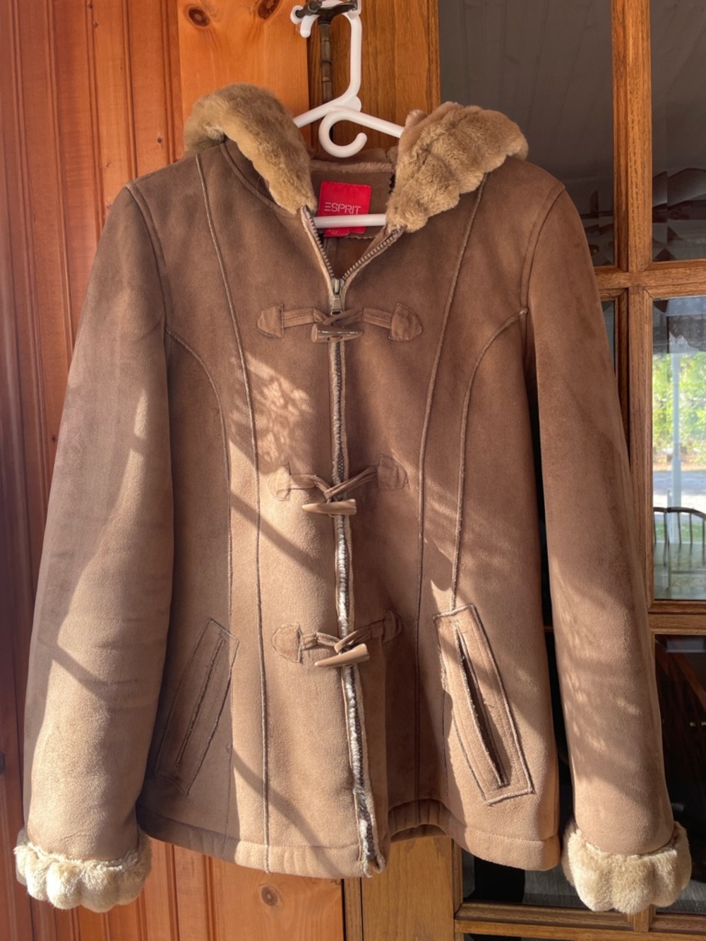 Esprit Tan Faux Suede Toggle Jacket with Shearling Trim